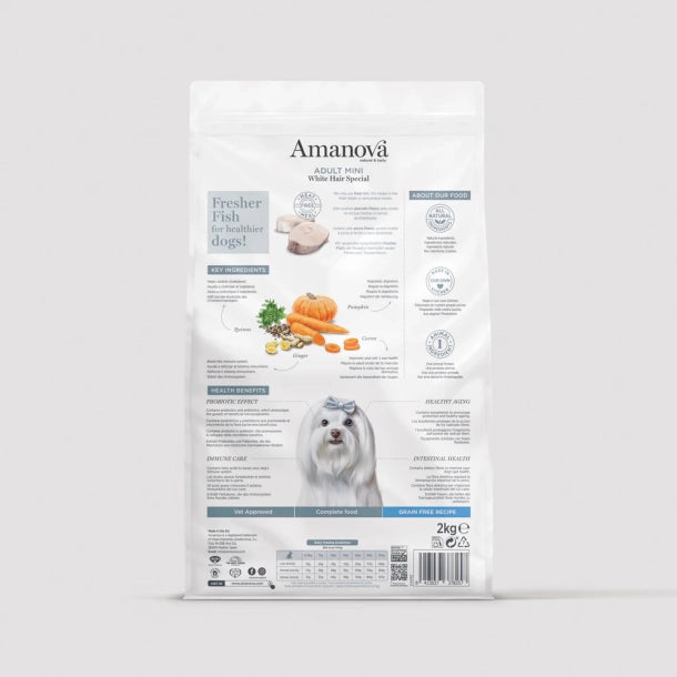 Amanova White Hair Special - Kornfrit voksen hundefoder til små hunde med hvid pels - 2 kg