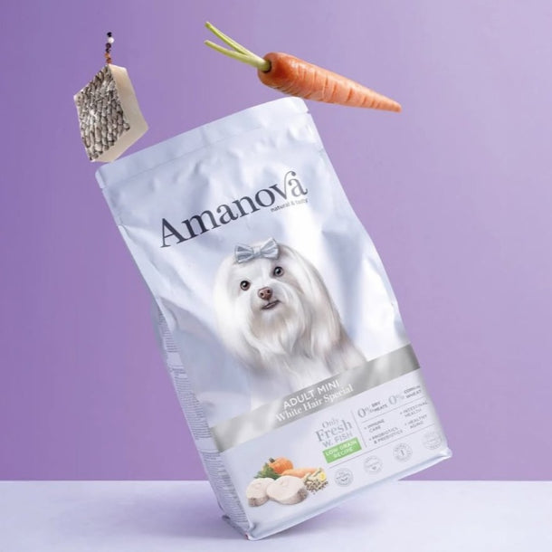 Amanova White Hair Special - Kornfrit voksen hundefoder til små hunde med hvid pels - 2 kg