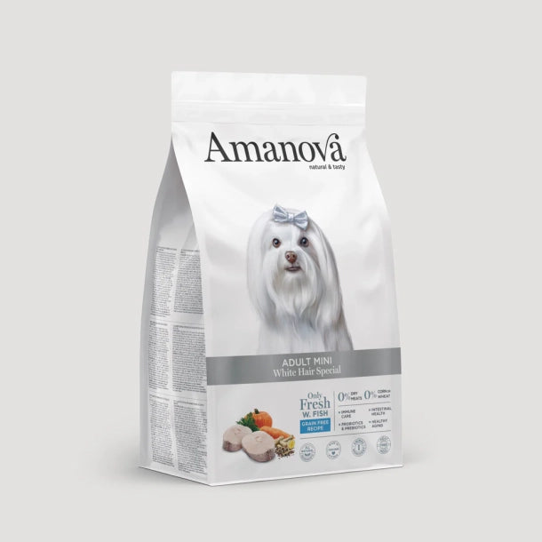 Amanova White Hair Special - Kornfrit voksen hundefoder til små hunde med hvid pels - 2 kg